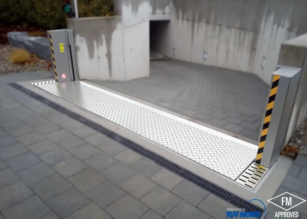 Pollugate-certifié-TUV-FM-GLOBAL Barrière Pollu Gate installée pour la protection d'une entrée de parking souterrain